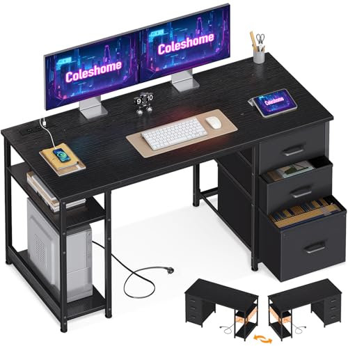 Coleshome Schreibtisch mit Stoff Schubladen, 130x48cm Computertisch 2 Steckdosen und 2 USB Ladeanschluss, PC Tisch mit Regal Reversible Bürotisch für Büro, Wohnzimmer, Schwarz
