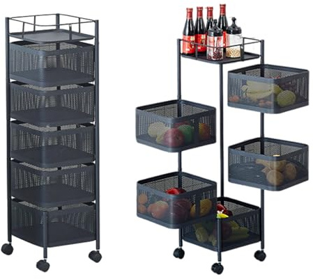 5-Etagiges 360°-Drehbares Gemüseregal für Küche, Lagerwagen auf Rollen, Kartoffel-/Gemüse-/Obstkörbe, Schwarz