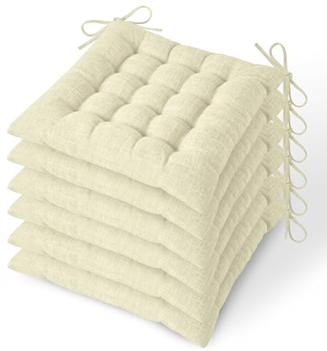 MineCozy Dining Chair Cushions Set of 6 with 16 Fixed Points Soft Kitchen Chair Pads with Ties Seat Cushion for Dining Room 42x42x7cm/16.5x16.5x2.7 Cream