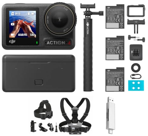 DJI Osmo Action 4 Adventure Combo (Fahrrad Set + Kartenleser) | 4K/120fps Action Cam mit 1/1,3-Zoll-Sensor, 10-Bit und D-Log M, 155° Ultraweitwinkel-Sichtfeld, Unterwasserkamera