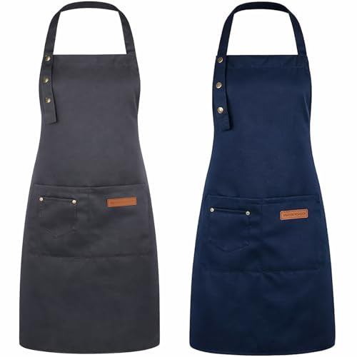 DASHUAIGE 2 Pack Adjustable Waterproof Canvas Aprons, Heavy-Duty Bib with Pockets for Grill & Restaurant Use(Blue+Gray)