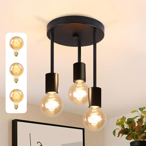 CBJKTX Deckenleuchte Vintage Deckenlampe Schwarz - 3 Flammig Deckenstrahler | E27 Industrial Deckenspots mit 3 Lichtquellen für Esszimmer Küche Flur Wohnzimmer Bar