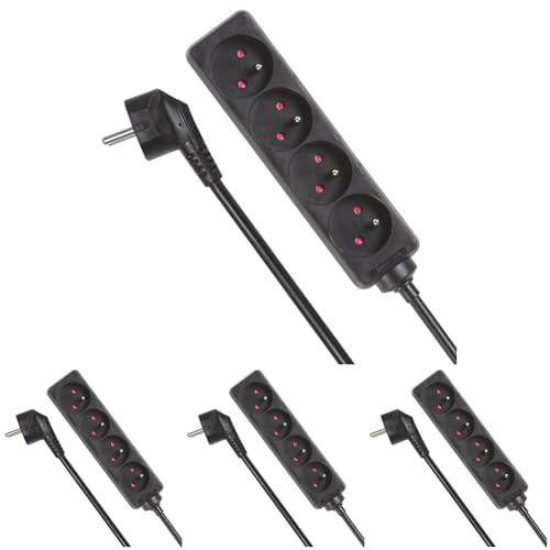 Perel Multiprise 4 Prises, Bloc multiprise parafoudre, 4 Prises électrique française Type E Mise à la Terre française, câble de 1.5, 3G1.5, Usage intérieur, Noir (Lot de 4)