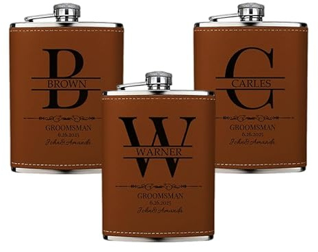 Juego de 3 Petacas de Licor Personalizados para Hombres, Regalos para Acompañantes del Novio o Padrino de Boda con Inicial, Frascos de 8oz en Cuero Grabado para Fiesta de Despedida, Marrón