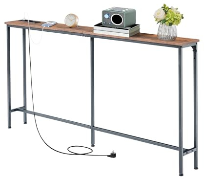 GOKHOMX Konsolentisch 160 cm mit 2 Steckdosen und 2 USB-Ports, Konsolentisch Schmal Flurtisch 20 cm Tief Console Table Möbel hinter dem Sofa, für Wohnzimmer Eingang Flur, Braun und Schwarz