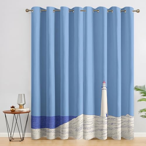 SZLYZM Vorhänge Blaue Leuchtturm, Verdunkelungsvorhang 2er Set - Vorhang Blickdicht Maritim Maritim Muster, Thermovorhang für Deko Wohnzimmer Schlafzimmer, Gardinen mit Ösen 160x132 cm (HxB) G-&E204