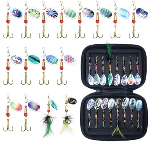 INMORVEN 16-teiliges Premium-Blinker-Set (7x6cm + 7x5.5cm + 2x6.5cm) - Forellenköder mit UV-Reflexion für Süß- & Salzwasser - Inkl. Aufbewahrungsbox - Ideal für Hecht, Zander & Barsch