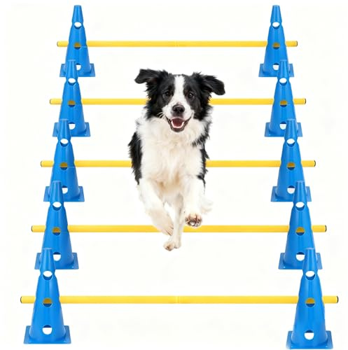HFYZZ Agility-Hürden-Kegel-Set, 10er 32,5 cm Agility-Kegel und 5er 80 cm Agility-Stangen, höhenverstellbare Querstange für Hunde-Hinderniskurse, Rehabilitation und Anfänger