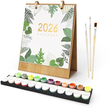Calendrier 2026 Peinture par numéros - Calendrier de table DIY - 12 plantes vertes différentes - Peinture à l'huile peinte à la main - Calendrier de table pour adultes - Calendrier avec pinceaux et