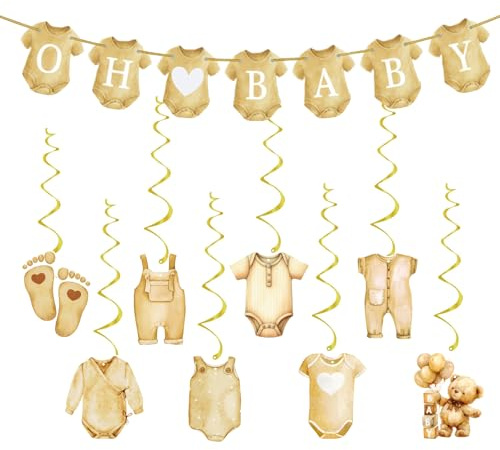 Oh Baby Banner, Neutral Welcome Baby Shower Paper Bunting with Swirls, Hanging Garland Baby Showers Backdrop Decorations