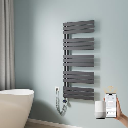 EMKE WLAN Handtuchheizkörper Elektrisch 1320x600 mm, Flach Badheizkörper Handtuchhalter Elektrisch, Elektrischer Handtuchwärmer Handtuchtrockner mit Thermostat und Heizstab, 800W Anthrazit