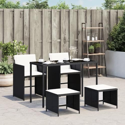 Teenpull 5-TLG. Garten-Essgruppe Schwarz Poly Rattan, Outdoor Möbel Set mit Kissen, Hartglas-Tischplatte, platzsparend, für Terrasse & Balkon