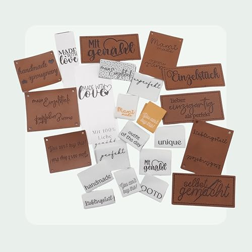 Label Set,24 hochwertige Handmade-Labels zum Aufnähen,Annähen,Einnähen,Nähprojekte,Kleidung,Taschen,Baby,DIY,Geschenke,Handmade Label,Nähetiketten,Etiketten,Nähen,Nählabel,Textiletiketten,Nähzubehör