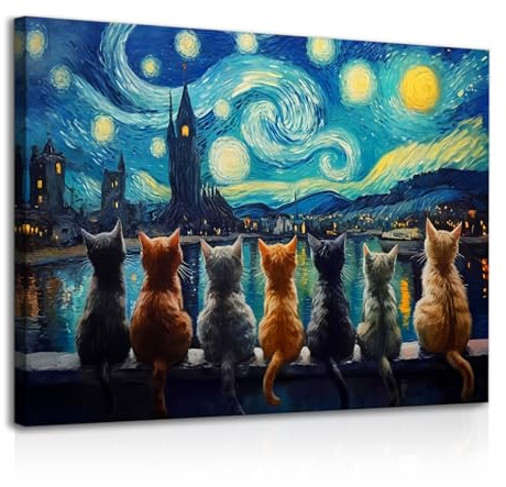 Dazzlewall Sternenhimmel mit Katzen Wanddeko, Künstlerisches Vintage Katze Ölgemälde Wandbilder für Schlafzimmer Wohnzimmer Mit Rahmen 30x40 cm