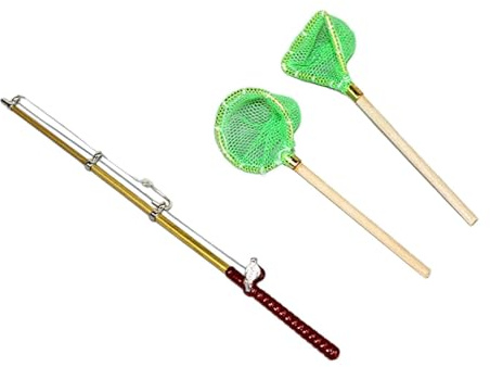 harayaa Miniatur Angelset mit Angelrute Und Netz für Puppenhäuser, Realistisches Und Langlebiges Angelset Zur Simulation, Grünes Netz