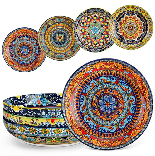 vancasso Pasta Bowls Set of 4, Ceramic Salad Serving Bowls, 42Oz Large Pasta Bowls, 8.7 in Colorful Bowl Plates for Soup, Bohemian Shallow Bowls for Kitchen, Microwave & Dishwasher Safe