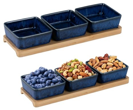 Chingcoo Dipschalen Set mit Holzbrett,150 ml Keramik Servierschalen für Dips, Soßen, Tapas, Snacks & Beilagen – Snackschalen Set Quadratisch (3-teilig-Dunkelblau)