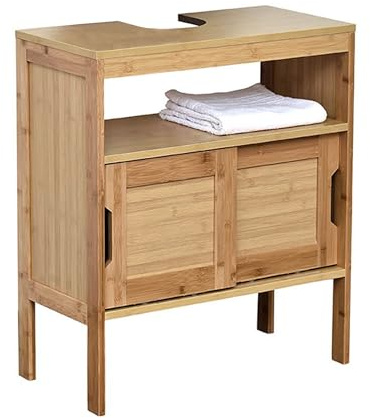 Tendance Mahe - Mesa de baño de bambú + 2 Puertas correderas de MDF + 1 Estante Interior, Madera, Beige, 60 x 30 x 60 cm