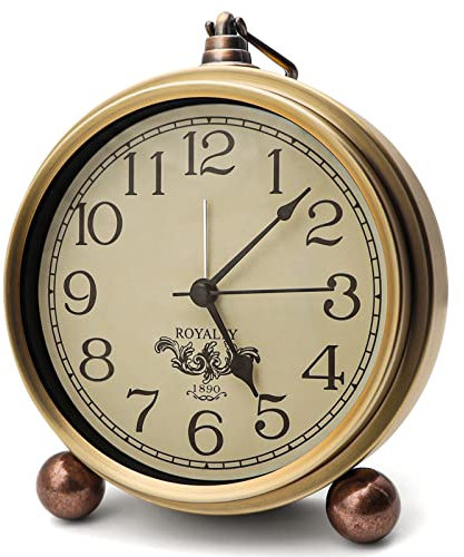 Maxspace Goldene Tischuhr aus Metall, Retro, Vintage, nicht tickend, kleiner Wecker, batteriebetrieben, leises Quarzwerk, HD-Glas, Schreibtischuhr für Schlafzimmer, Wohnzimmer, Innendekoration, Kinder