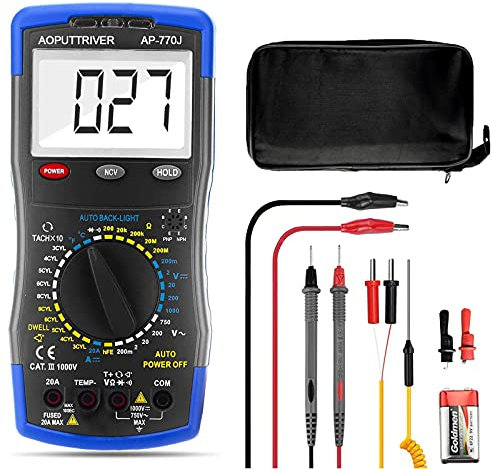 Automotive Multimeter AP-770J Auto Digital Multimeter manueller Streckenauto-Multitester Voltage Detector mit Durchgangsprüfung，Hintergrundbeleuchtung，Tach/RPM，Dwell，Widerstand und Temperaturmessung