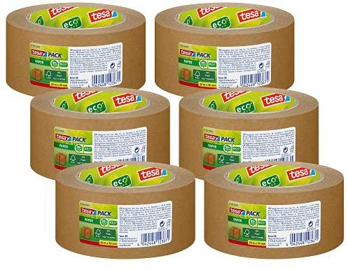 tesapack Carta ecoLogo - Nastro da imballaggio in Carta Ecologica, 60% di materiale organico - Marrone - 6x 50 m x 50 mm