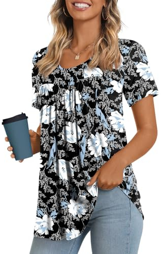 LONGYUAN Short Sleeve Tunics Loose Fit Casual Tops for Women Summer Hide Belly Comfy Shirts Blouse Fl Large White Lily