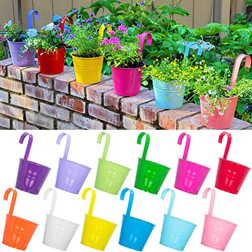 ARTKETTY 13cm Hanging Flower Plant Pots Vase Bucket Set of 12, Large Metal Garden Hanging Planter with Drainage Hole and Detachable Hook for Balcony Railing Fence Home Decor