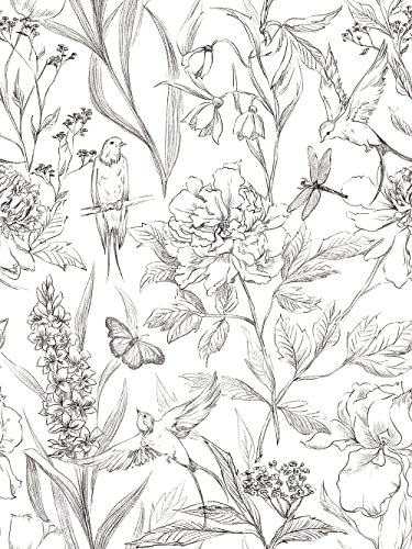 Papier peint à décoller et à coller - Style rustique vintage - Motif oiseaux botaniques - Pour murs, armoires, commodes, tiroirs, meubles, loisirs créatifs, décalcomanie - Noir et blanc - 45 x 290 cm