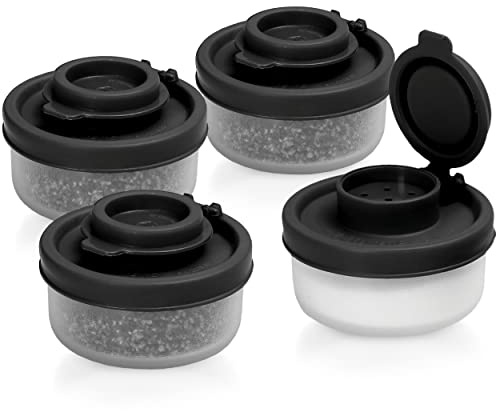 Salt and Pepper Shakers Moisture Proof Set of 4 Small Mini Salt Shaker to go Camping Picnic Outdoors Kitchen Lunch Boxes Travel Spice Set Clear with Black Covers Plastic Airtight Spice Jar Dispenser