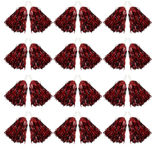 Hooshing 12PCS Black and Red Metallic Pom Poms Cheerleading with Handle