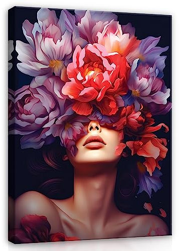 WallArena - Cuadros en lienzo - Mujer Cara Flores Abstracto - 100 x 75 cm Cuadros en Lienzo - Cuadro XXL Grande Murales para Sala de Estar Dormitorio Salón Moderno