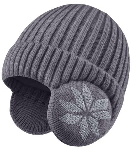 LCZTN FASHION Barn unisex mössa vinter 3-12 års hatt för varm fleece fodrad med öronklaffar för söta pojkar och flickor, Mörkgrått, one size