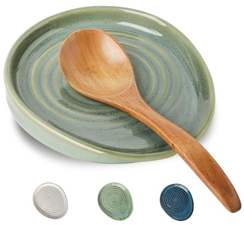 Ceramic Spoon Rest for Stove Top, Spoon Holder for Kitchen Counter, Farmhouse Cooking Utensil Holder for Spoons, Ladles, Spatula, Glazed Green