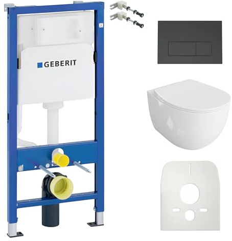 Lavita Duofix Basic Vorwandelement + Wand Tiefspül WC Mondo Weiß Spülrandlos+ WC Sitz + Bedienplatte Delta 25 Schwarzer Knopf Komplettset Unterputz Spülkasten Toilette Komplett Sett WC