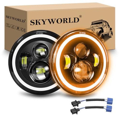 SKYWORLD 2 Pcs Round LED Headlights, 7 Inch LED Headlamp with Amber Halo | Turn Signal White DRL High/Low Beam 4 LEDs 50W Angle Eyes Compatible with Wrangler JK LJ CJ TJ Motorbike Motorcycle