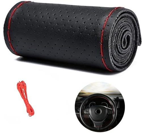 DIY Lenkradbezüge, Echtem Leder Hand Nähen Weichem Faserleder rutschfest Universal Atmungsaktive Aufnähen Auto Lenkrad Schutzhülle mit Nadel und Faden Innenzubehör für 37-38 cm Lenkräder