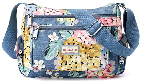 Wafybsre Borsa Tracolla da Donna Nylon Impermeabile Borsa a Tracolla Donna Media Borse Spalla con Tracolla Regolabile Multi Tasca Crossbody Bag per Viaggio Scuola Lavoro Shopping (Bouquet blu)