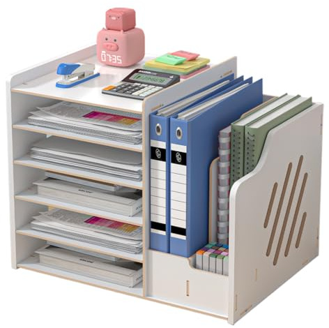 Hggzeg Schreibtisch-Organizer aus Holz,große Kapazität,Schreibtisch-Organizer,Aktenregal,A4-Papier-Dokumentensortierer,DIY Bürobedarf,Aufbewahrungsbox für Zuhause,Büro und Schule (JB07-4 Weiß)