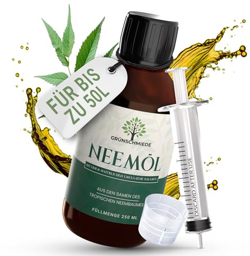 GRÜNSCHMIEDE - Premium Neemöl mit Emulgator [250 ml] | Neemöl für Pflanzen inkl. Dosierspritze und Dosierkappe, natürliches Niemöl zur Planzenpflege
