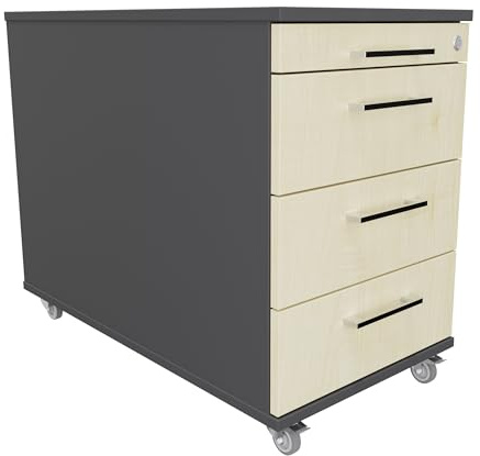 Eigentlich Rollcontainer 80 cm tief, 3 Schubladen und Materialauszug, Rollschrank B43xT80xH65 cm abschließbar, Schreibtischunterschrank versch. Farben (Korpus Anthrazit, Front Ahorn)
