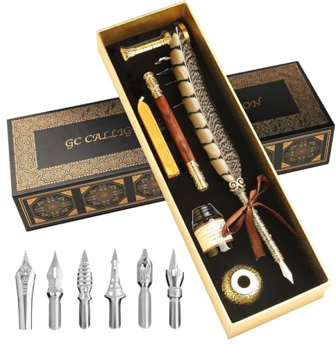 GC QUILL Calligraphy Pen Set - Feather Dip Pen,Dual Tip Calligraphy Fountain Pen, Stamp, Wax Candle, Pen Base, Ink Bottle, Ink Cartridges L1492
