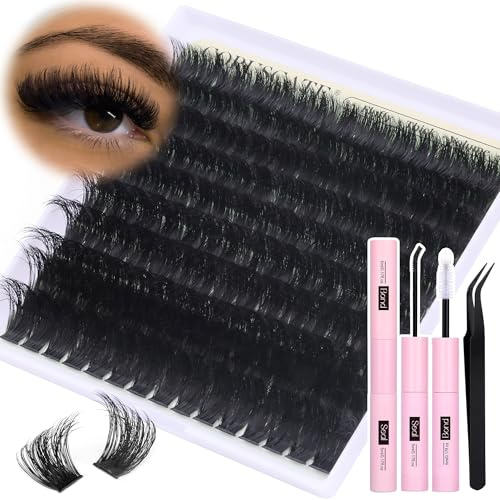 Fluffy Cluster Lashes Kit 14-20mm Long Individual Eyelashes 220D Thick Lashes Individual Cluster Bold Eyelash Extension Kit Dramatic Lashes Waterproof Bond and Seal Lash Glue Lash Tweezers CORUSCATE