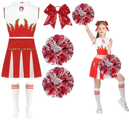 LGZIN Cheerleader Kostüm Kinder, Cheerleadering Outfit Mädchen, Cheer Kostüm Outfit mit Pompoms, Kopfschmuck und Socken, Cheerleading Uniform Kleid für Karneval Halloween Mottoparty