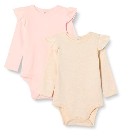 Amazon Essentials Baby - Mädchen Langarmbodys mit Rüschen, 2er-Pack, Blassrosa/Haferbeige Meliert, 18 Monate