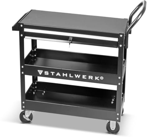 STAHLWERK Werkzeugwagen WZE-3 ST mit 150 kg Tragkraft, abschließbarer Schublade und 3 Ladeflächen Werkstattwagen | Plattformwagen | Rollwagen | Transportwagen | Montagewagen | Etagenwagen | Handwagen