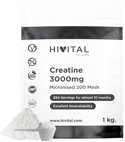 Creatin 3000 mg. 1 Kg / 1000 g. 294 Portionen für fast 10 Monate Behandlung. 100% reines, veganes und mikronisiertes Kreatin-Monohydrat-Pulver mit 200 Mesh. Hergestellt von HIVITAL