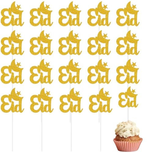 20 Pcs Eid Mubarak Cupcake Topper Glitter Ramadan Cupcake Toppers Eid Decorations Cake Topper for Muslim Festival Party Supplies