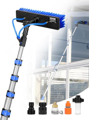 VEVOR Kit Perche Télescopique Nettoyage Panneaux Solaires Extensible à 9 m, avec Tête de Brosse PP Rotative 180°, Tuyau 20 m, Outil de Nettoyage Alimentée en Eau, pour Vitres Domestique, Extérieur