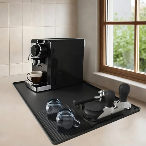 Gemsaya Large Coffee Machine Mat and Detachable Coffee Tamper Mat, 60 x 40 cm 2-in-1 Silicone Coffee Mat with Raised Edges, Multi-Functional Base Mats for Kitchen Counter Protector, Black
