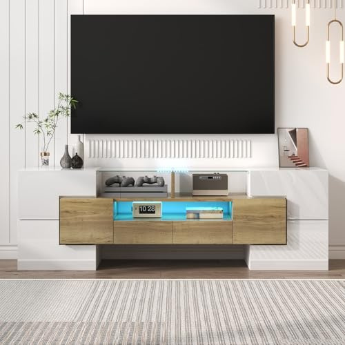 PUGSDRLY Meuble TV avec Rangement,6 Portes et 2 Tiroirs,Meuble TV Moderne avec lumière LED,Surface très Brillante (Marron+Blanc, 145x30x51cm)